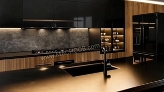 کابینت مدرن ترکیب طرح چوب و رنگ مشکی ؛ پروژه قنات کوثر
