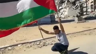 دور افتخار اسکیت بازان فلسطینی با پرچم اسپانیا برای پیروزی اسپانیا در جام جهانی